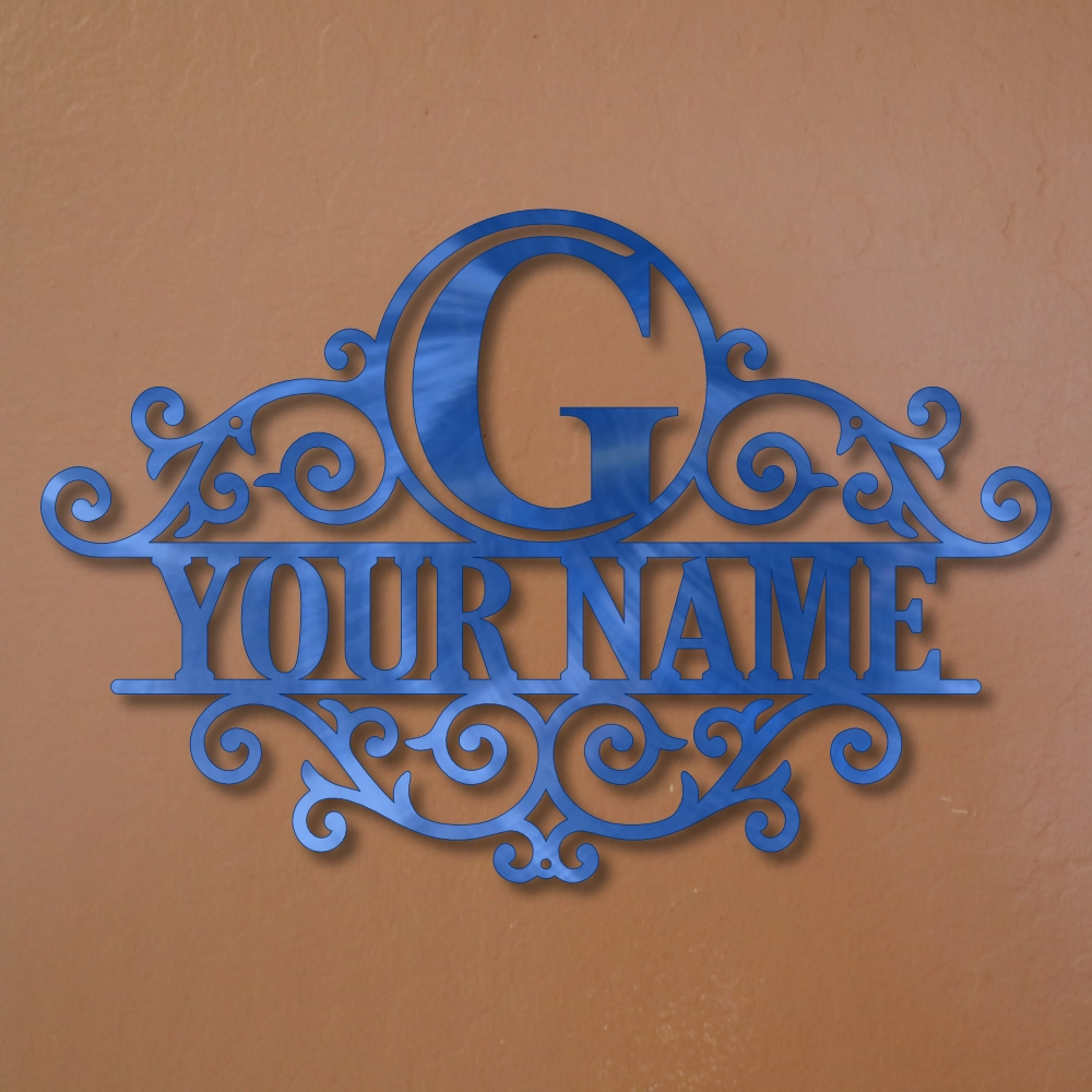 Custom metal "G " Circle Monogram wall art – Blue Candy finish.