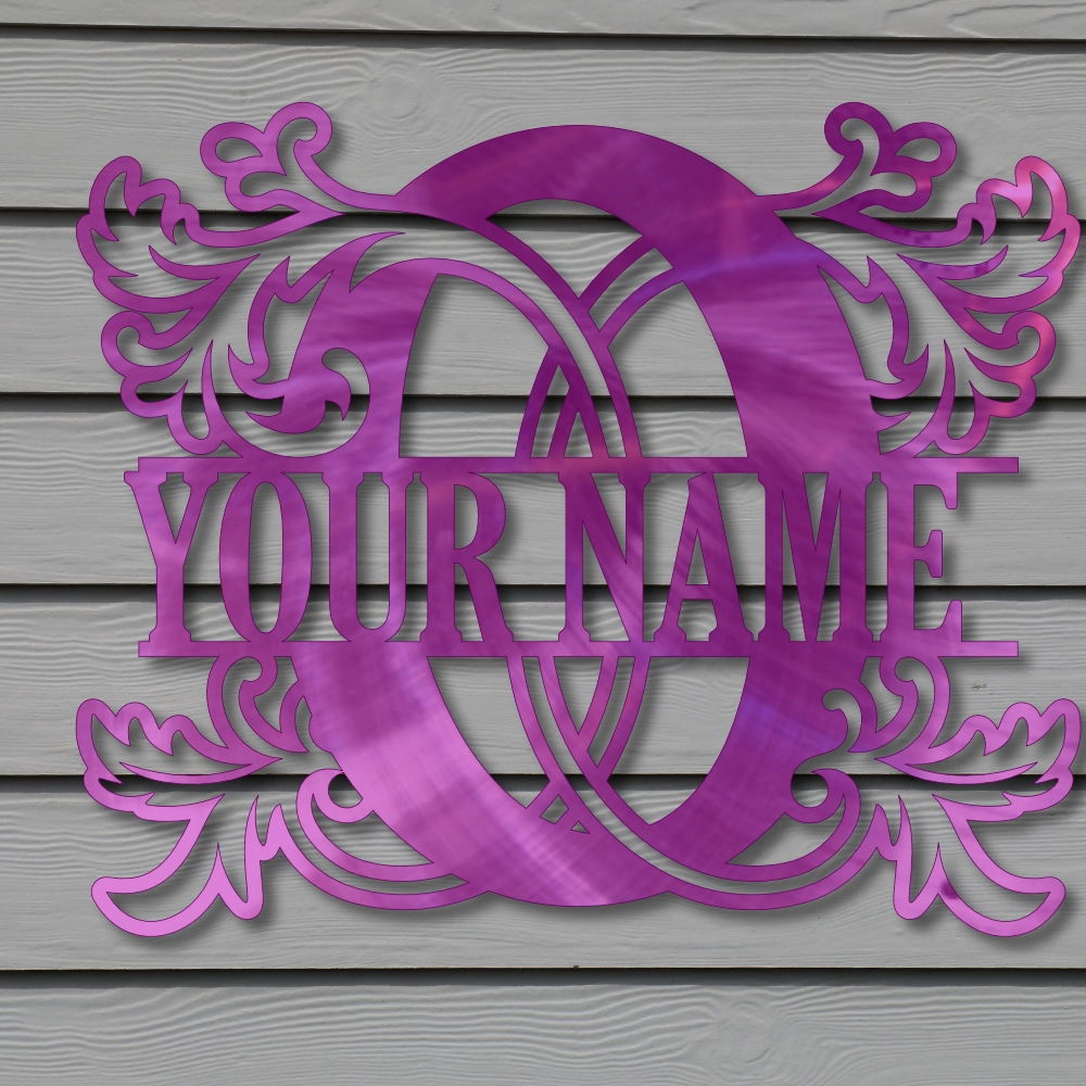 Custom metal "O" Leafy Monogram wall art – Purple Candy finish.